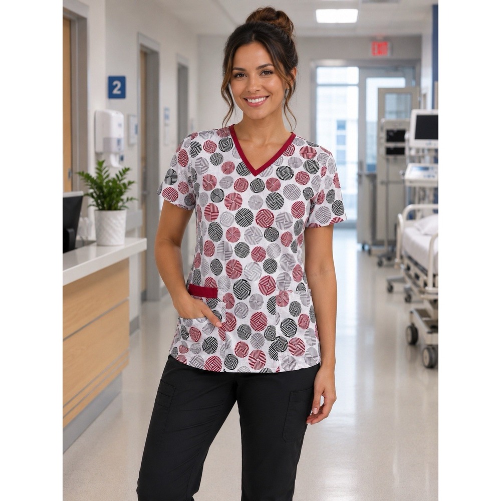 Cassandra O Women XS Scrub Top Red Black Geometric Circle Print V-Neck 9200T-13